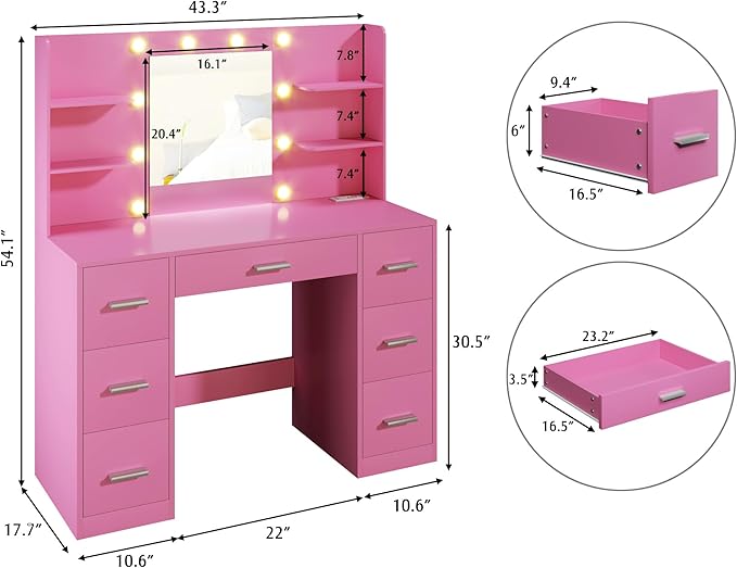 YESHOMY Vanity Desk with Mirror, Power Outlet and 10 Lights, Makeup Table with 7 Drawers, 3 Color Modes Available for Bedroom, Light Pink