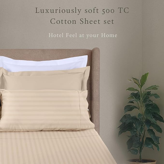 Threadmill 500 Thread Count Twin Size Damask Stripe, 3 Pc Luxury Cotton Bedding Set, Breathable Light Beige Sheets with 15" Elasticized Deep Pocket, 1 Pillowcase & Free Tote Bag