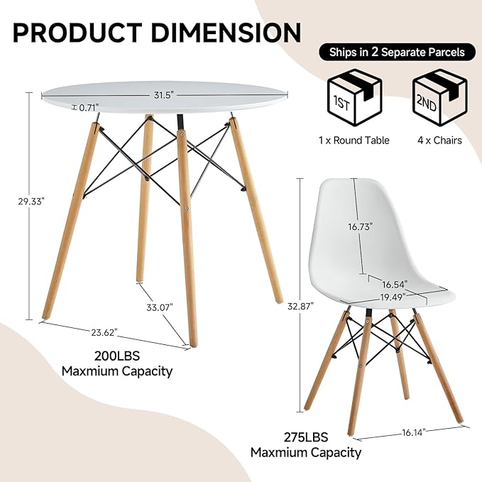 Round Dining Table Set for 4 31.5" Wood Dinner Table Circle Dining Table Kitchen Table Chairs Set of 4 with Wood Strip Base for Kitchen Living Room Space Saving Apartment(White)