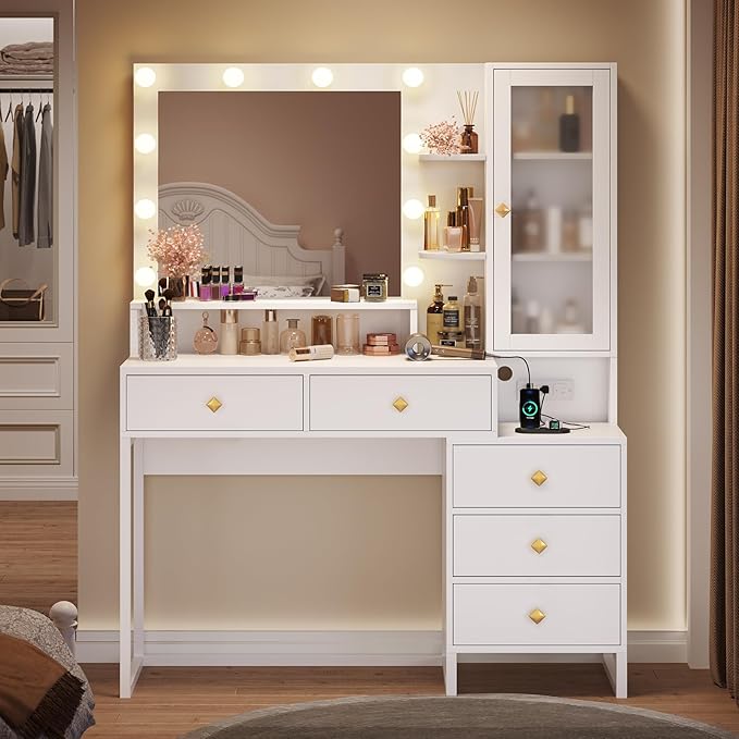 Tiptiper Makeup Vanity Desk with Mirror and Lights & Charging Station, White Vanity Table with 5 Storage Drawer & Glass Door & 3 Shelves for Bedroom, Modern White