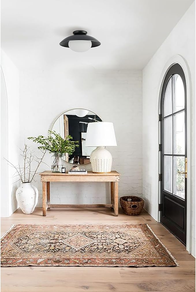 Soft Black 15in Semi Flush Mount Ceiling Light Fixture, Bowl Lampshade Style Vintage Close to Ceiling Light Fixture, Modern Flush Mount Light for Bedroom, Entryway, Corridor, Room Decor Lamp