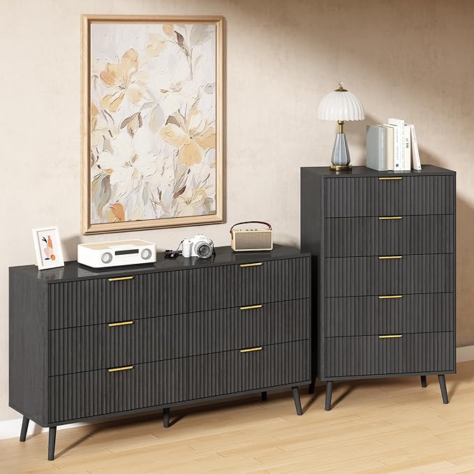 CARPETNAL Fluted 6 Double Drawers Dresser for Bedroom, 55”Wide Modern Chest of Drawers with Deep Drawers,Curved Profile Design, Wood Drawer Organizer for Living Room, Hallway, Black