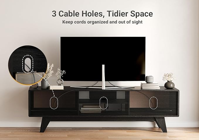 Claiks Boho TV Stand for 70 Inch TV, Modern TV Console with 2 Rattan Storage Cabinets & Adjustable Shelf, Woven TV Stand for Living Room, Black