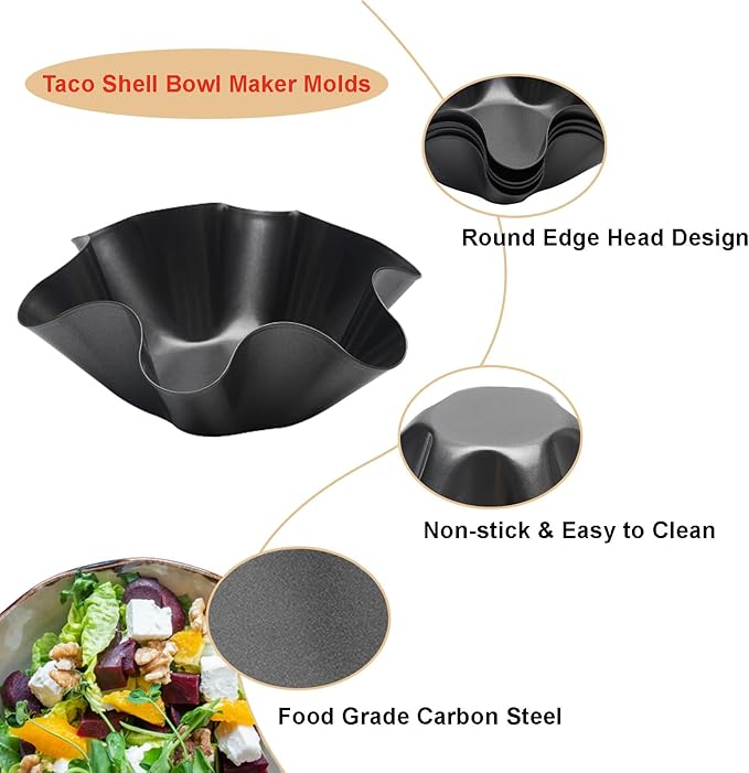 Ragyzity Tortilla Pan Set - 4pcs Non-Stick Carbon Steel Taco Salad Bowl Makers Tortilla Shell Pans, Tostada Bake Taco Shells, Flower-shaped Baking Mold Kitchen(Black 4pcs) (16.5x 7.5x 6cm)