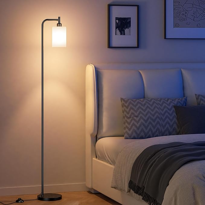 RGB Floor Lamps for Living Room, Dimmable Industrial Standing Lamp with Remote Control for Bedroom Office Corner, 3 Colors Temperature, White Glass Shade, 9W RGB LED Bulb
