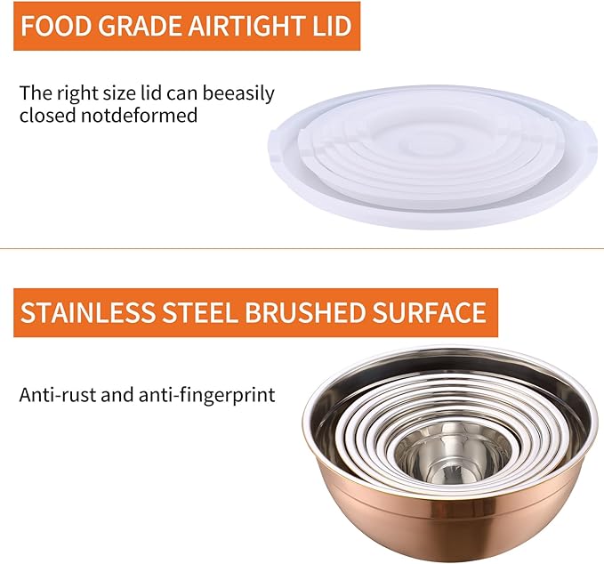 Rose Gold Mixing Bowls with Airtight Lids, Stainless Steel Nesting Mixing Bowls Set of 7, Ideal for Baking, Prepping and Serving Food, Size 7, 3.6, 2.7, 2.1, 1.5, 1.1,0.8 QT, Stackable Design