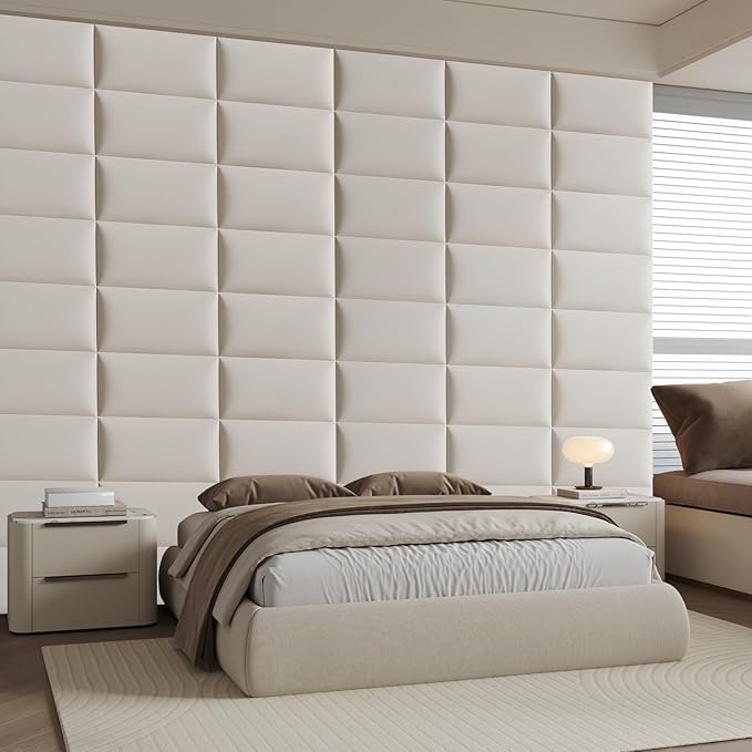 12-Piece Wall Mount Headboard Kit - White Peel and Stick Upholstered Headboard for Queen Size Bed, Floating Bed Backboard, 24" x 12" Panels, Artificial Leather