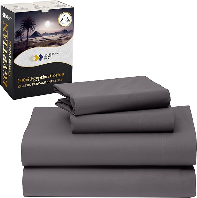 California Design Den California King Sheets Set - Certified 100% Egyptian Cotton, Percale Cooling Sheet Set with Deep Pockets, Crisp & Durable Luxury Bedding Set - Grey