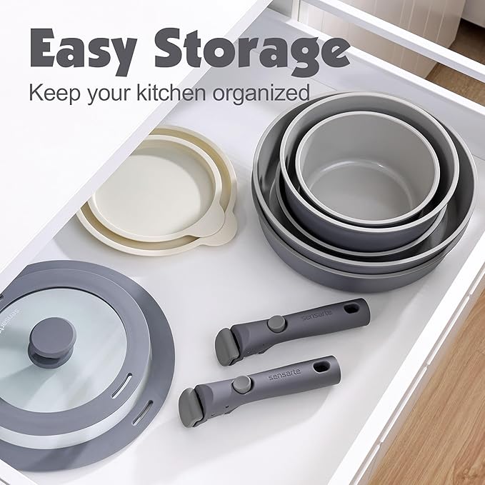 SENSARTE 17 Piece Ceramic Pots and Pans Set, Nonstick Detachable Handle Cookware, Induction Kitchen Cookware Set with Removable Handle, Dishwasher ＆ Oven Safe (Gray)