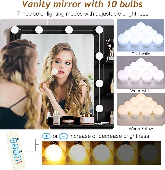 Vanity Desk with Mirror and Lights, with Power Outlet and 10 Lights Modern Capacity Makeup Vanity with 3 Drawers, Makeup Table for Bedroom,Makeup Room,Black