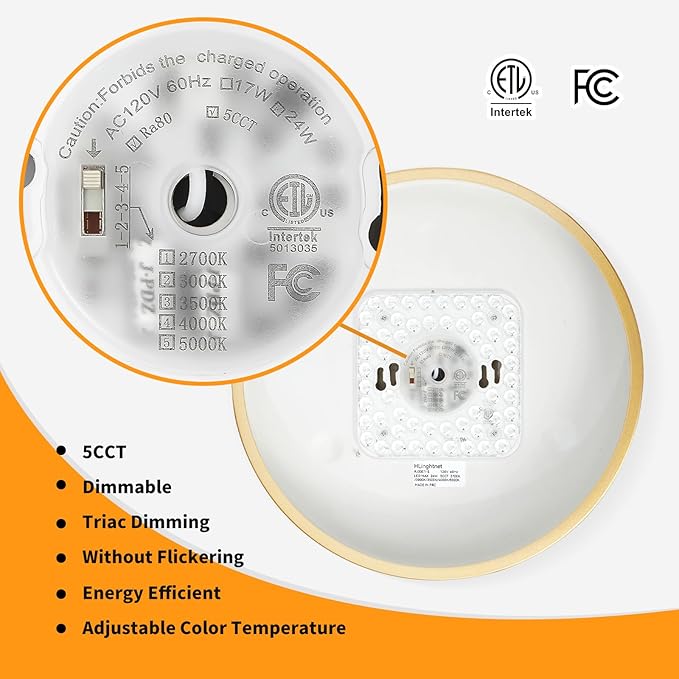 LED 12 in Round Flush Mount Ceiling Light Gold 24W 2700K-5000K,Thyristor Dimmable,Metal Gold Ceiling lamp and is Ideal for hallways,Kitchens,bedrooms, corridors,Children's Rooms 3 Pack