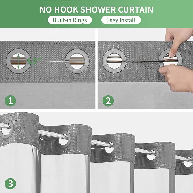 Stall No Hook Shower Curtain with Snap-in Fabric Liner Set,Waffle Weave Shower Curtains for Bathroom,Hotel Luxury Decor Bathroom Curtain Set,Waterproof & Washable,Grey,54Wx80H