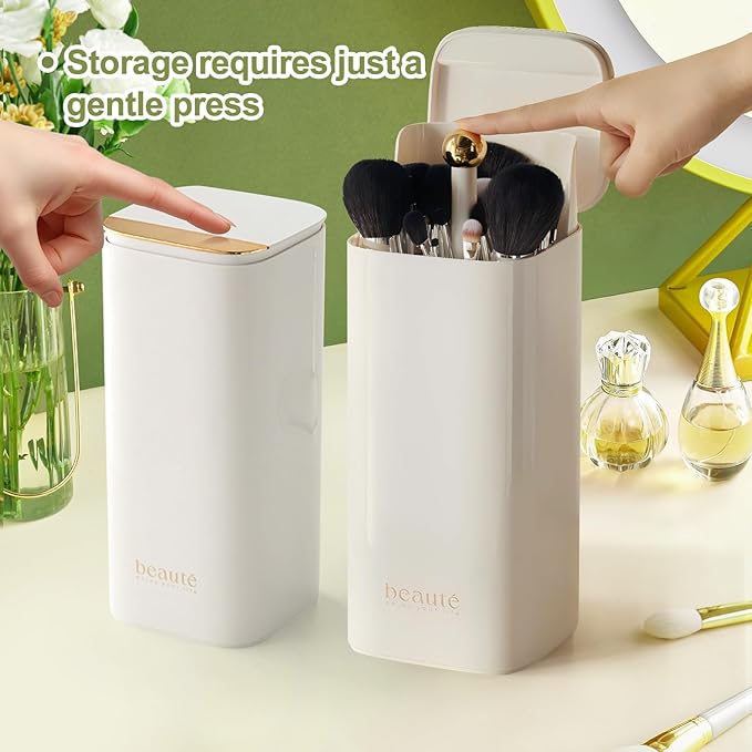DASITON Makeup Brush Holder with Lid,4 Slots Makeup Brush Organizer,Automatic Lifting Makeup Cosmetics Organizer,for Vanity Decor,Bathroom Countertop,Dustproof Cosmetic Brushes Container(White)