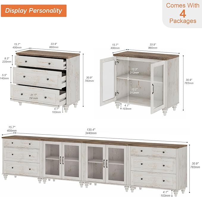 WAMPAT Modern TV Stand for TVs up to 110 inch, 4 in 1 Entertainment Center with Storage Cabinets and 4 Glass Door, Media Console with 6 Drawer Dresser for Living Room, Rustic White