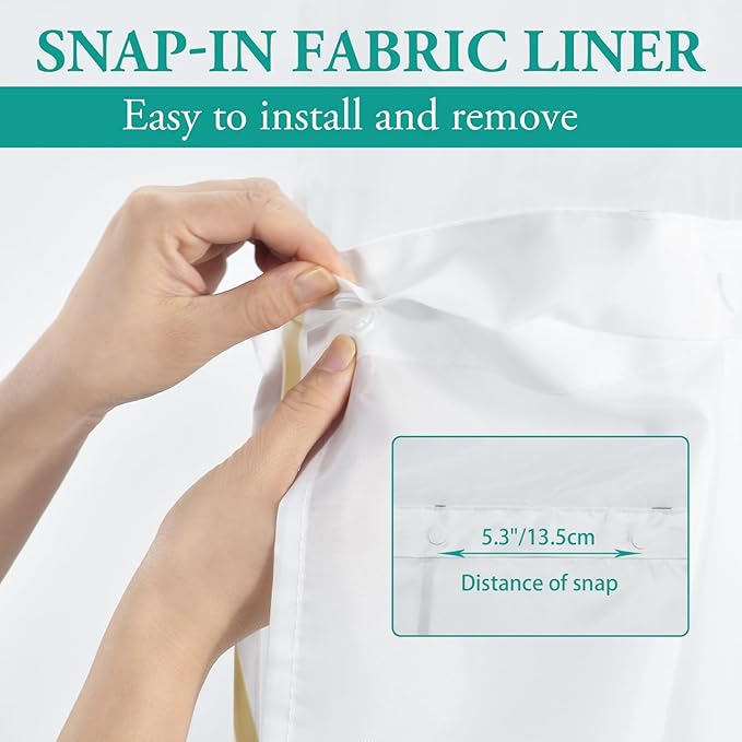 No Hook Gold White Striped Stall Shower Curtain with Snap in Liner Set - Hotel Shower Curtain and Liner Set with See Through Mesh Top Window,Machine Washable, 54x80 INCH