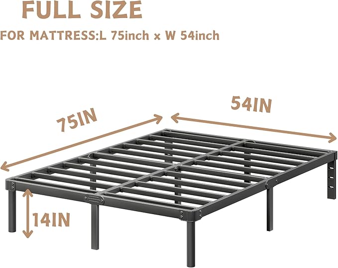 ZIYOO 14 Inch Full Size Metal Platform Bed Frame with Heavy-Duty Steel Slat Support, No Box Spring Needed, Under Bed Storage Space, Easy Assembly, Noise-Free, Sturdy & Durable, Black