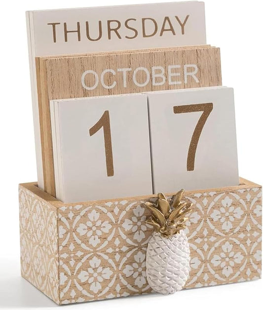 Block Calendar for Desk, Wood Desk Perpetual Calendar, Gift Daily Desktop Vintage Wooden Blocks for Home Farmhouse Office Aesthetic Decor Rustic Decoration Brown Pineapple