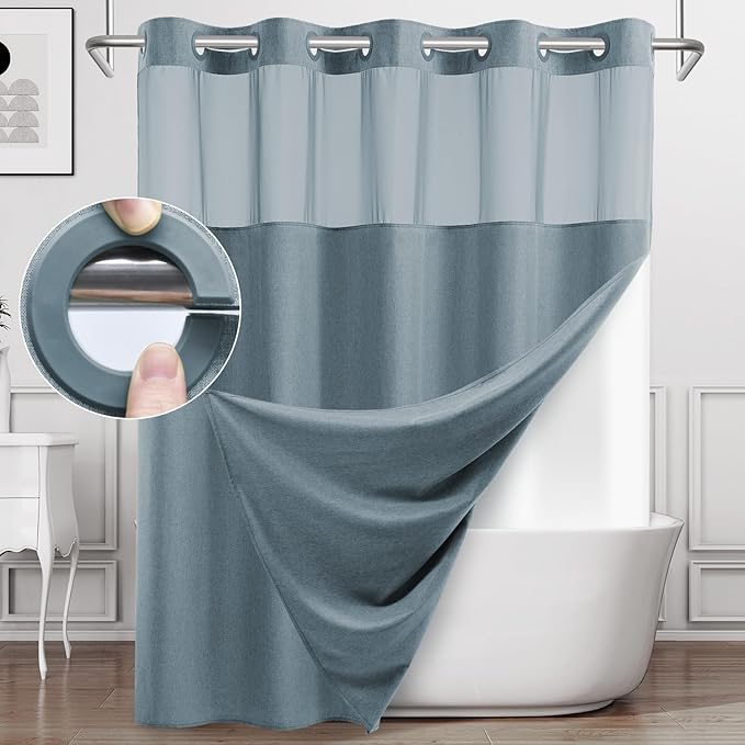 Extra Long No Hook Shower Curtain with Snap in Liner, Polyester Textured Shower Curtain with Liner Set, Waterproof Washable Hotel Style Shower Curtains for Bathroom, 71Wx86H, Blue Grey