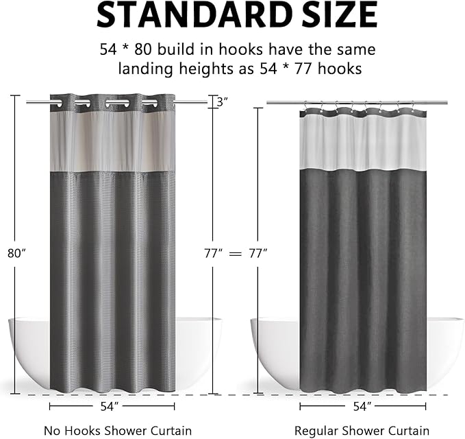 Furlinic Stall Size No Hook Shower Curtain with Snap in Liner,Waffle Weave Heavy Duty Fabric Bathroom Curtains with See Through Top Window,Waterproof & Machine Washable,Grey,54x80 Inch