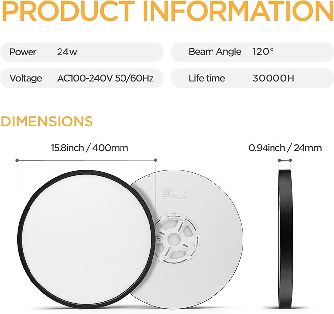 TALOYA LED Ceiling Light Office Black,5 Color Temperatures,15.8 Inch Thin Flat Modern Flush Mount LED Light Fixture for Living Room,24w Round