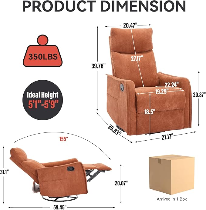 Massage Rocker Swivel Recliner Chair for Adults, Manual Recliner Glider with Lumbar Heating, Technical Flannel Fabric Nursery Glider Rocking Chair with Vibration Massage for Living Room - Orange
