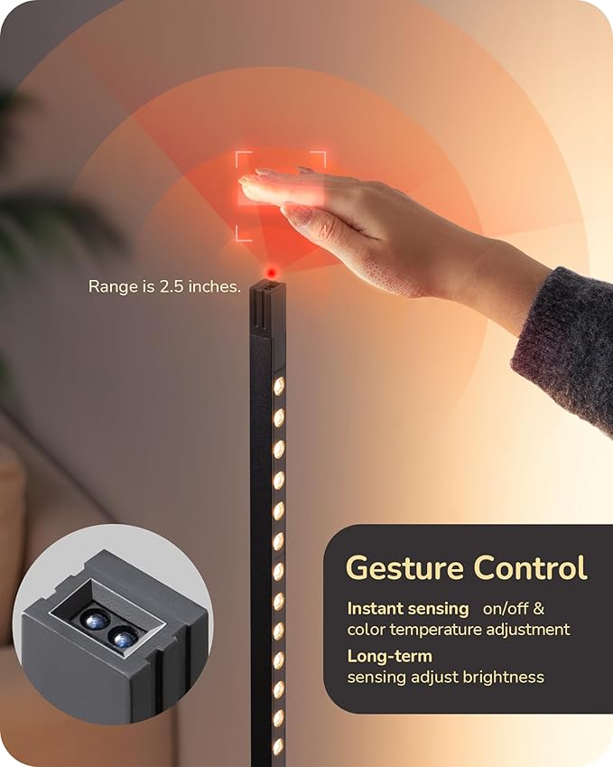 EDISHINE LED Corner Floor Lamp, Standing Light with Motion Sensor, 2700K-6500K Eye Caring Dimmable Lamps with Remote Control, Modern Minimalist Lit Lamp for Living Room, Bedroom, Office, Black