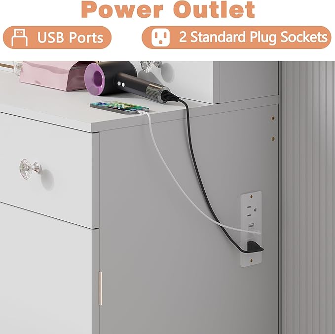 wanan White Vanity with Jewelry Storage, Big Makeup Vanity Desk with Mirror and Lights, 5 Drawers and 4 Cabinets, 45.3'' Large Vanity Set for Bedroom