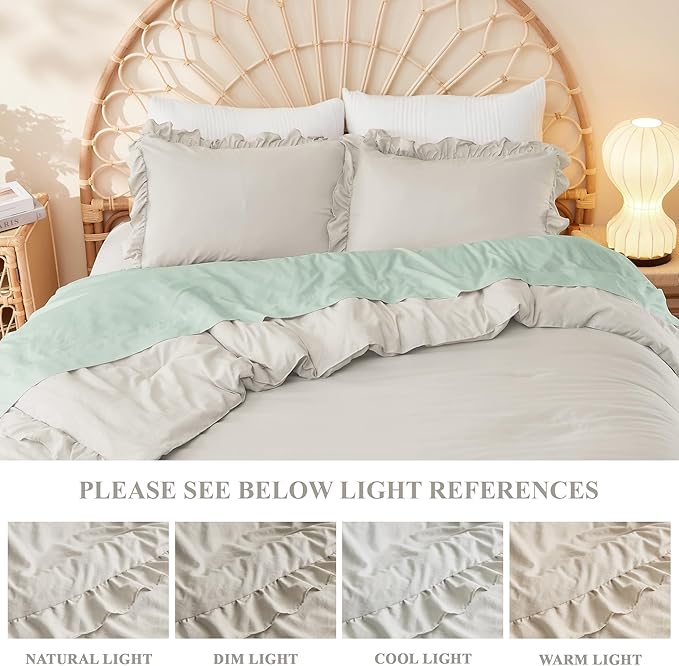 Litanika Linen Grey Queen Comforter Set, 3 Pieces Ruffle Farmhouse Aesthetic Bedding Comforter Set, All Season Soft Lightweight Fluffy Microfiber Bed Set(90x90In Comforter, 2 Pillowcases)