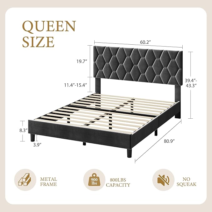 GAOMON Grey Queen Bed Frame with Upholstered Headboard, Heavy-Duty Platform Bed Frame with Strong Wood Slats, No Box Spring Needed/Easy Assembly/Noise Free