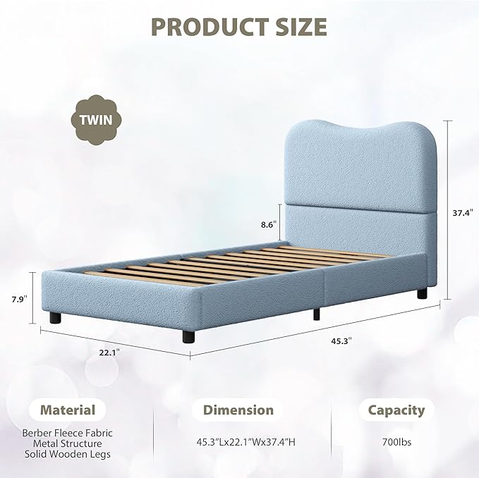 Twin Bed Frame for Kids with Velvet Upholstered Headboard, Cute Low Profile Platform Bed for Girls and Boys, No Box Spring Needed, Strong Wooden Slats, Noise Free, Easy Assembly, Blue