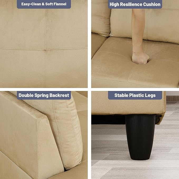 L-Shape 3-Piece Cloud Sofa, Couch for Living Room, Beige Flannel Fabric L-Shape with Reversible Chaise & Storage Ottoman, Ergonomic 110–115° Recline, Solid-Wood Frame