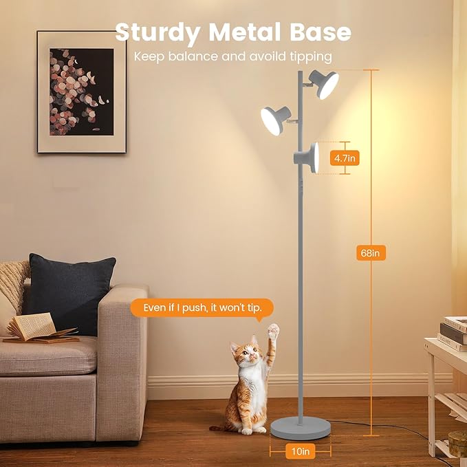 36W LED Tree Floor Lamp, Modern Dimmable Standing Lamp with Remote & Touch Control, 4 Color Temperatures, 3 Rotatable LED Light Floor Lamps for Living Room, Bedroom, Office