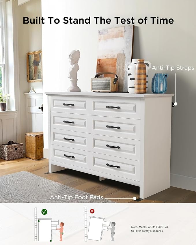 Pipishell White 8 Drawers Dresser for Bedroom, 47" Wide Wood Rustic Chest of Drawers with Bar Handles, Farmhouse Storage Dressers Organizer for Bedroom, Living Room, Hallway, White