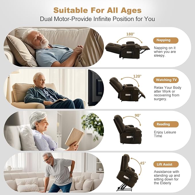 Large Dual Motor Power Lift Recliner Chair with Massage and Heat for Big Elderly People,USB & Type C Ports,Oversized Electric Lay Flat Recliners,Infinite Position,Side Pockets,Cup Holders(Brown)