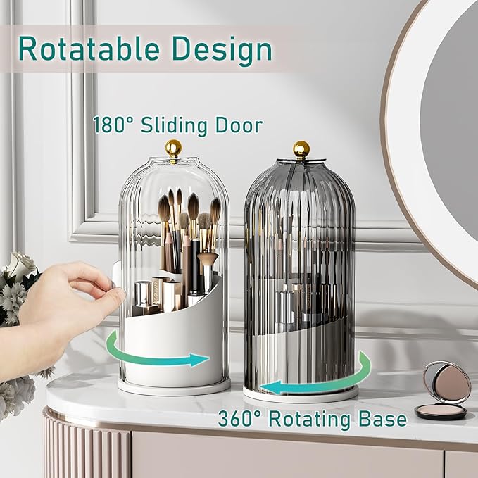 GAXmi Makeup Brush Holder with Lid Cosmetic Tools Organizer 360 Rotating Waterproof Dustproof Makeup Brushes Storage for Vanity, Grey