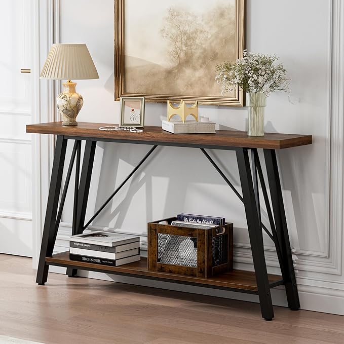 GAZHOME Console Table with Storage Shelf - Industrial Style Sofa Table Behind Couch for Living Room & Entryway, Rustic Brown,53.1 Inch