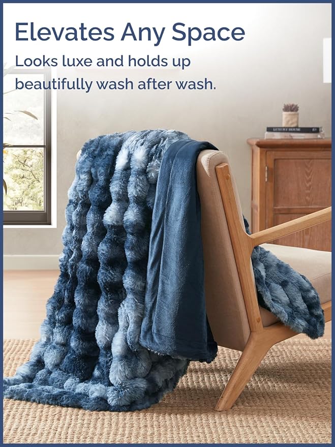 Fluffy Throw Blanket Twin Size - Faux Fur Throw for Couch or Bed - Plush Soft Extra Thick Faux Fur Rabbit Blanket - Comfy, Warm and Breathable - Luxury Minky Tie Dye Bedding - 60" x 80", Marble Blue