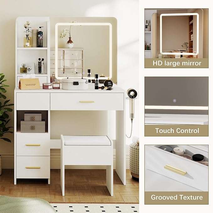 Vanity Desk with Mirror and Lights, 3 Adjustable Lighting Makeup Vanity Desk with 3 Storage Shelves, 5 Large Drawers and Power Outlet, White Vanity with Chair for Bedroom