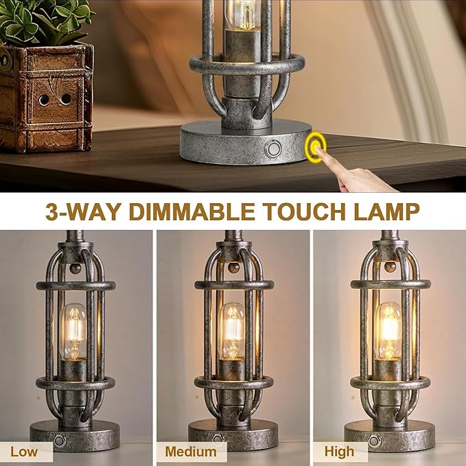 23.75'' Table Lamps Set of 2 for Living Room Bedroom Industrial Farmhouse Metal Touch Lamps with USB A+C Ports, Night Light Vintage Nightstand Bedside Lamp, Bulbs Included, Antique Silver