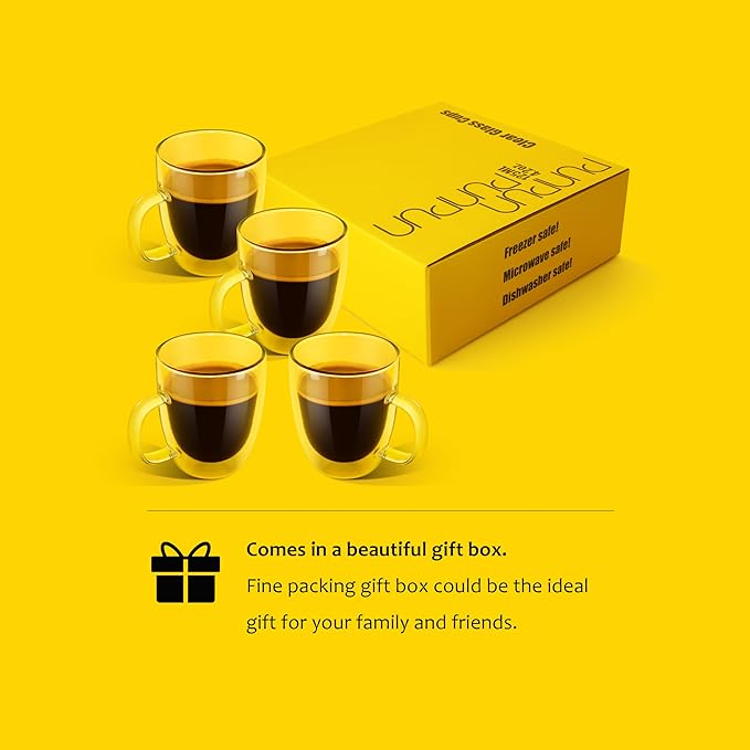 PunPun 17OZ. 500ml Clear Coffee Mugs, Glass for Coffee, Double Wall Insulated Glass Mugs with Big Handle, Every Day for Americano, Latte, Cappuccinos and Beverage.Set of 4