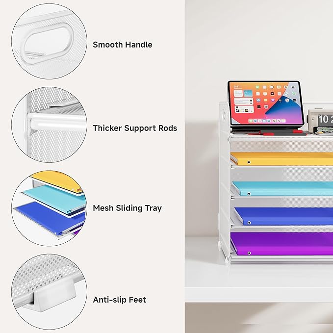 5 Tier Paper Organizer with Handle, Metal Mesh Desk Organizer File Folder Paper Letter Tray Desktop Document Sorter for Classroom, School, Office Accessories Organization and Storage - White