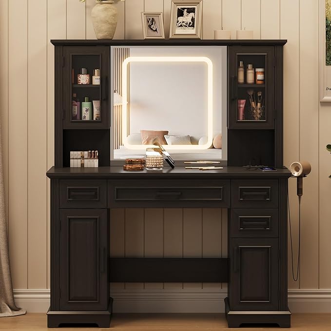 Maupvit Farmhouse Vanity Desk with Mirror and Lights, Makeup Vanity Table with Charging Station, 45" Bedroom Table with 4 Drawers and Cabinets, 3 Lighting Modes, Black