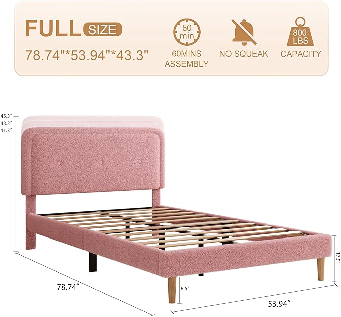 Full Size Boucle Platform Bed Frame, Anti-Collision Soft Rounded Corners, Adjustable Headboard, No Box Spring Needed, Easy Assembly, Noise Free, Pink