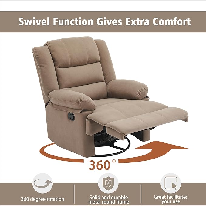 Swivel Rocking Recliner Chair for Adults, Overstuffed Manual Rocker Nursery Recliner Glider, Upholstered Fabric Reclining Single Sofa Chair for Living Room (Mocha)
