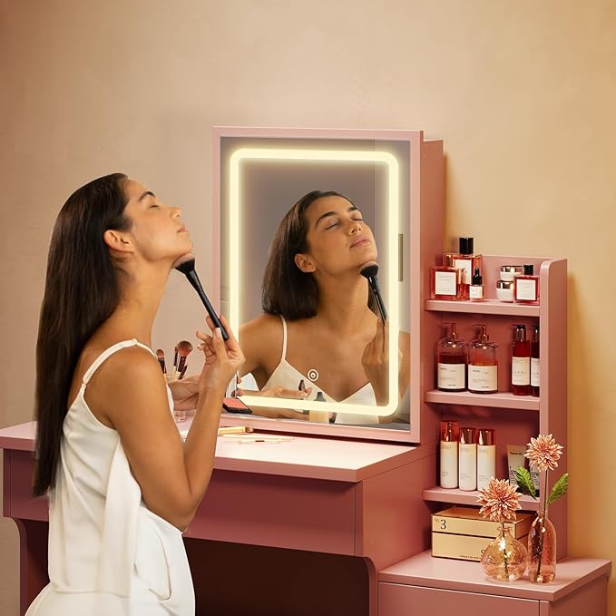 Vanity Desk with Mirror and Lights, Makeup Vanity with 3 Adjustable Lighting Modes, Small Vanity Desk with Sliding Mirror, 4 Drawers, 7 Shelves, Vanity Chair for Bedroom, Pink