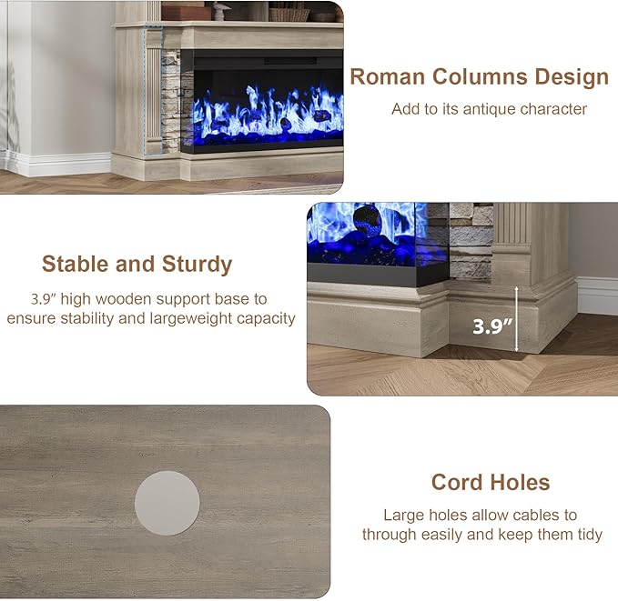 QUW Fireplace TV Stand for TVs up to 65", Farmhouse 52" Fireplace Entertainment Center with 36" 3-Side Glass Electric Fireplace, TV Console with Open Storage Shelves for Living Room, Grey