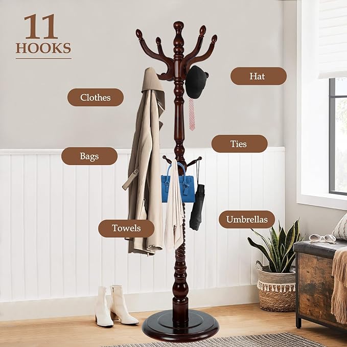 Wood Coat Rack Freestanding, Natural Coats Tree Stand with 14 Hooks, 73" Sturdy and Easy Assembly Coat Rack Stand for Entryway, Hallway, Bedroom, Bags, Hats (Heavy-duty Disc Base, Walnut Color)