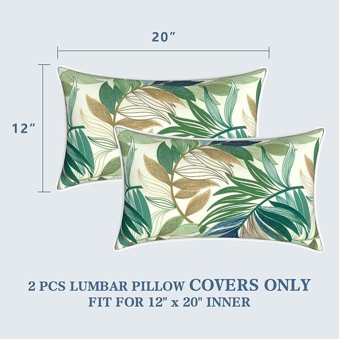 LVTXIII Outdoor Lumbar Pillow Covers 12"x20", Covers ONLY, 2 Pack 30x50cm Lumbar Cushion Cover with White Piping for Home Patio Garden Sofa Bench, Lush Leaf Green