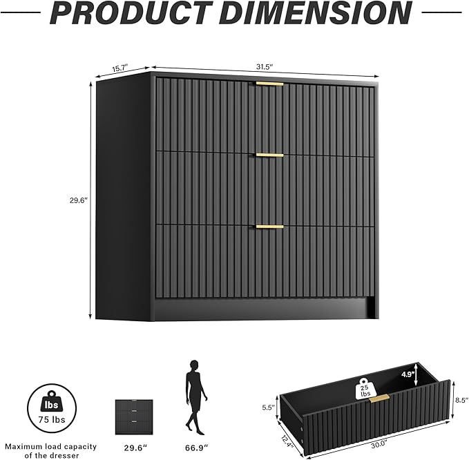 Black Dresser for Bedroom, Modern Dresser with 3 Drawers and Smooth Slides, Wide Chest of Drawers with Golden Handles for Bedroom, Living Room, Closet, 15.7" D x 31.5" W x 29.6" H