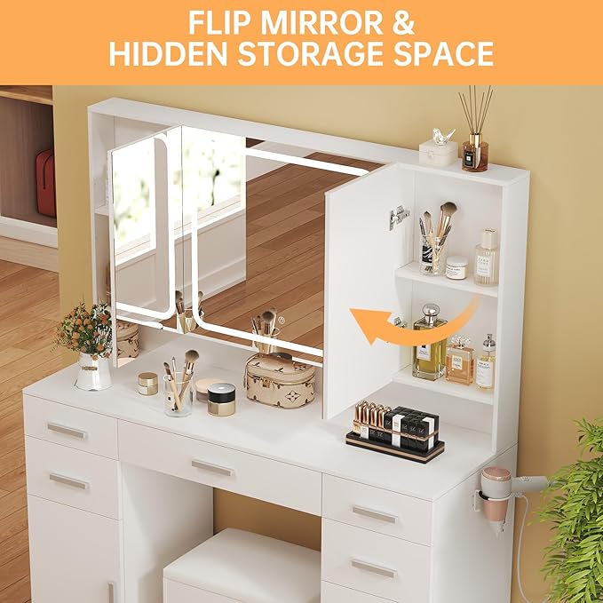 Vanity Desk with Mirror and Lights, Vanity Tables with 9 Drawers, Makeup Vanity with Tri-Folding 3 Colors Lighting Mirror and Cushioned Stool, Big Vanities Perfect for Bedroom, White